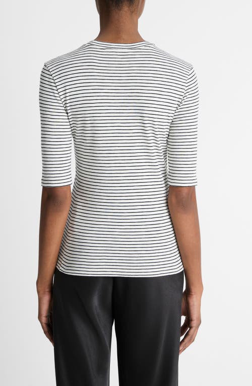 Vince Stripe Elbow Sleeve Cotton Blend Knit Top In Off White Combo