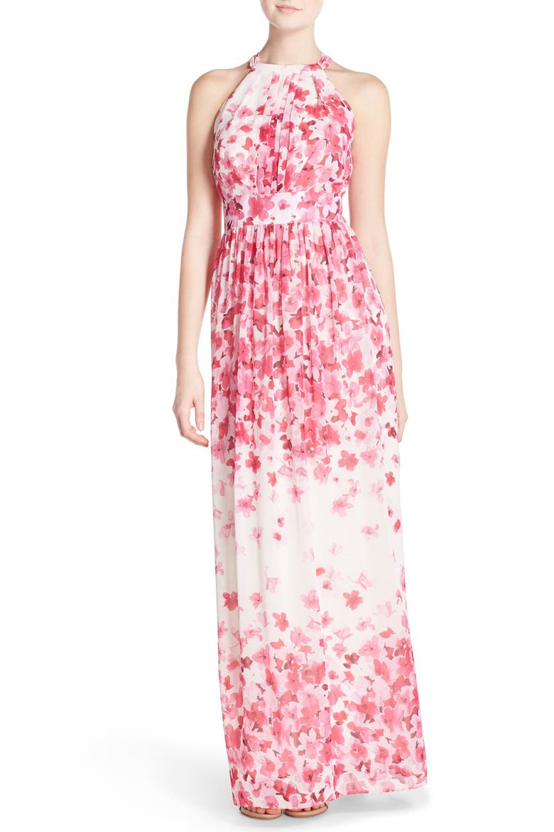 Print Pleated Chiffon Maxi Dress, Main, color, PINK/ IVORY