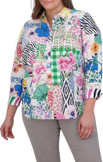 Foxcroft Olivia Patchwork Medallion 3/4 Sleeve Shirt