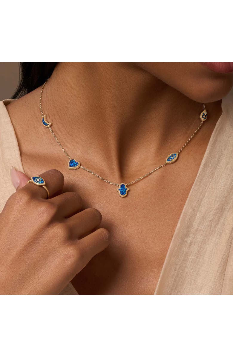 Karma and Luck Soothing Aura Lab Blue Opal Multi-Symbol Necklace, Alternate, color, Gold/Blue