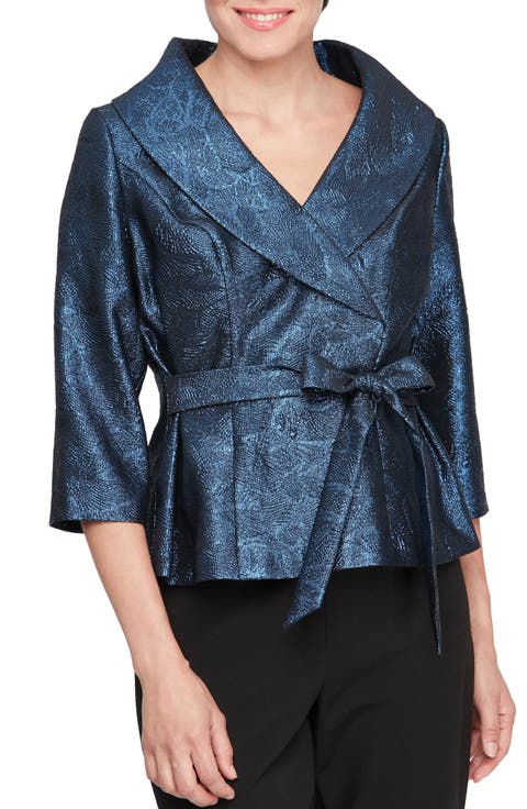 Metallic Jacquard Portrait Collar Faux Wrap Top