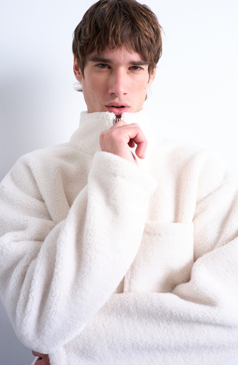 Topman Quarter Zip High Pile Fleece Sweatshirt, Alternate, color, Ecru