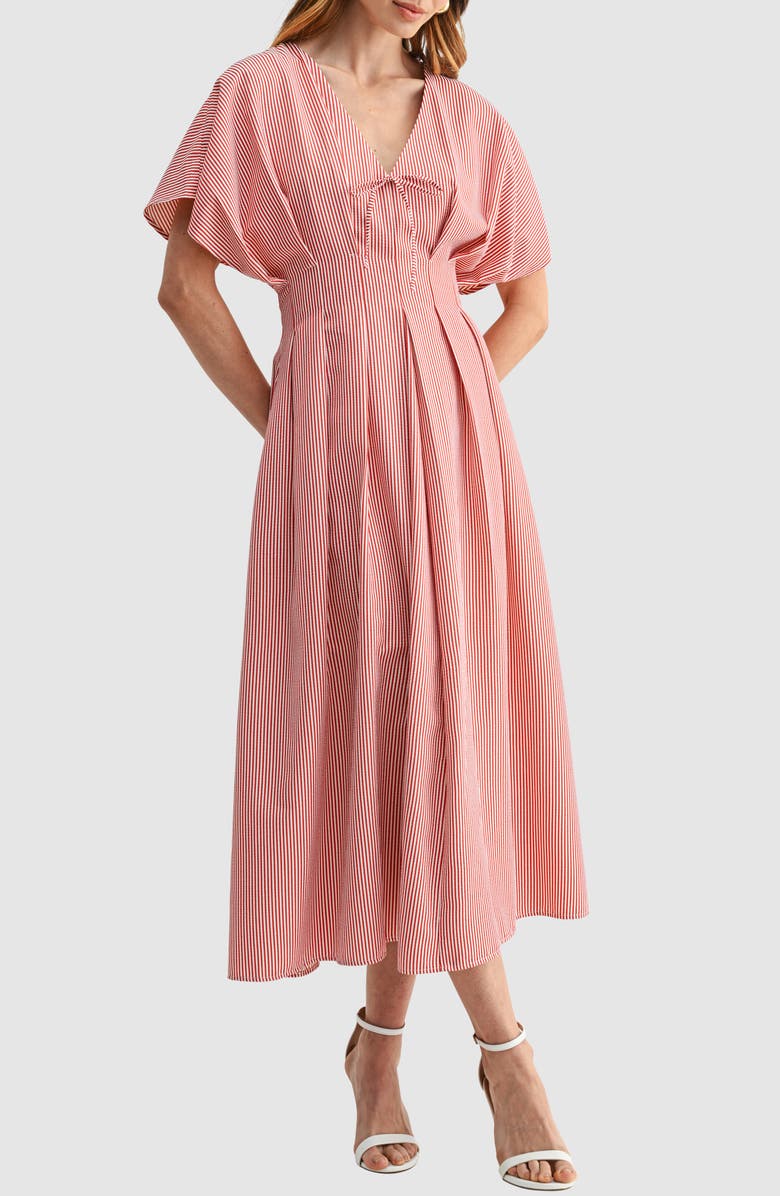 Mila Mae Stripe Pleat Waist A-Line Midi Dress, Main, color, Red Striped