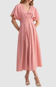 Mila Mae Stripe Pleat Waist A-Line Midi Dress
