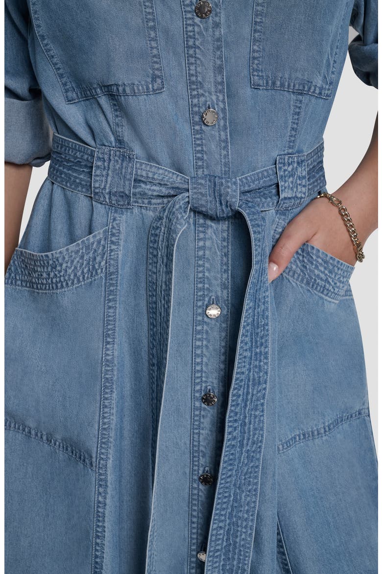 Tie Waist Roll Tab Chambray Midi Shirtdress, Alternate, color, STREAM WASH