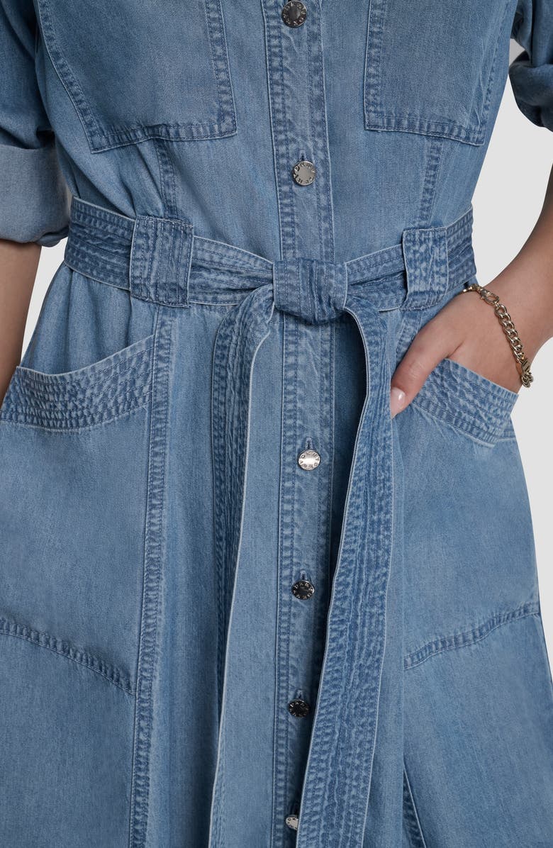 DKNY Tie Waist Roll Tab Chambray Midi Shirtdress, Alternate, color, Stream Wash