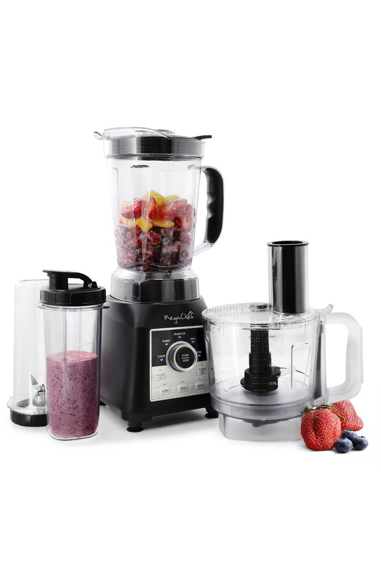Megachef 1400 Watt Knob Panel 8 Cup Blender with Food Processor and 2 To-Go Cups, Main, color, Black