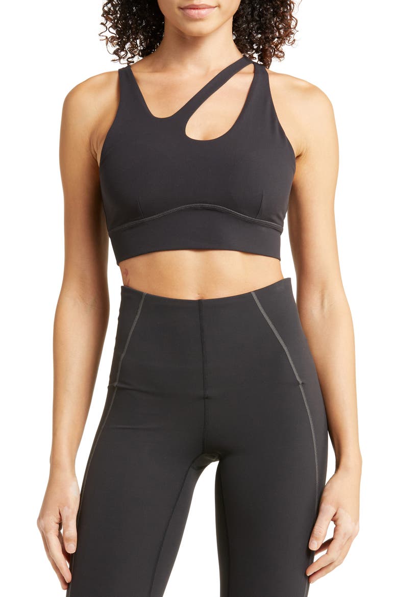 Studio Luxe Asymmetric Sports Bra, Main, color, BLACK
