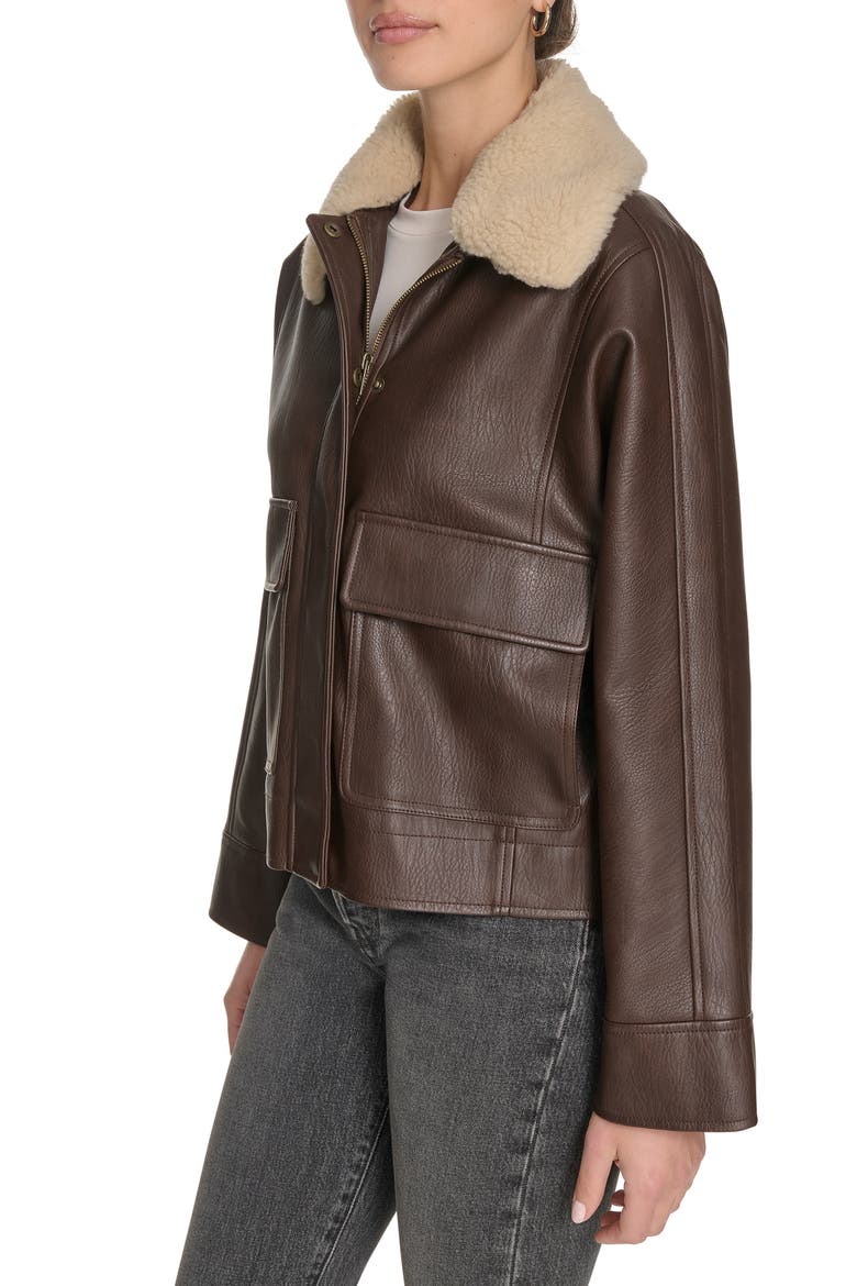 Faux Leather Aviator Jacket with High Pile Fleece Collar, Alternate, color, BROWN/ CREAM