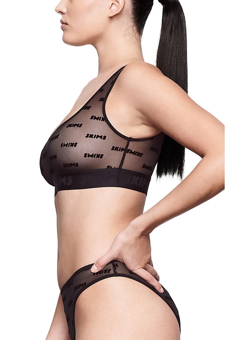 Flocked Logo Mesh Bralette, Alternate, color, ONYX