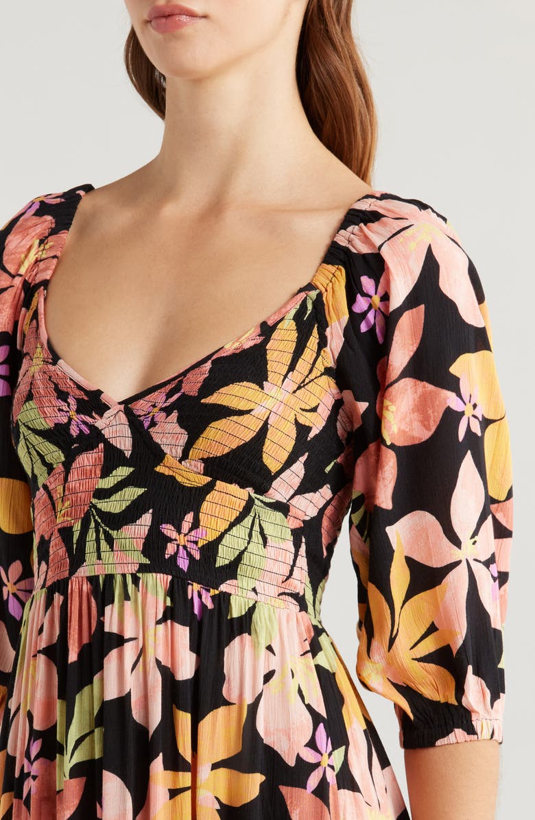 Billabong Wish Me Luck Floral Smocked Midi Dress, Alternate, color, Kiss The Earth