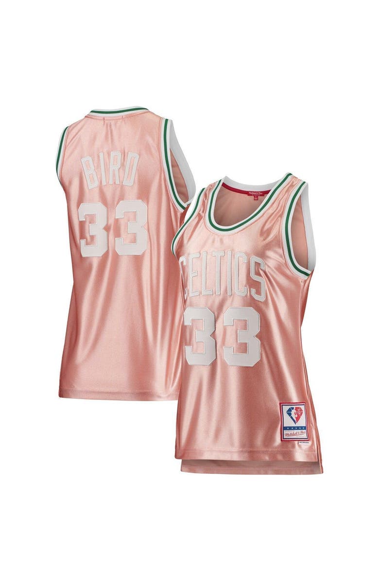 Mitchell & Ness Women's Mitchell & Ness Larry Bird Pink Boston Celtics 75th Anniversary Rose Gold 1985 Swingman Jersey, Main, color, 