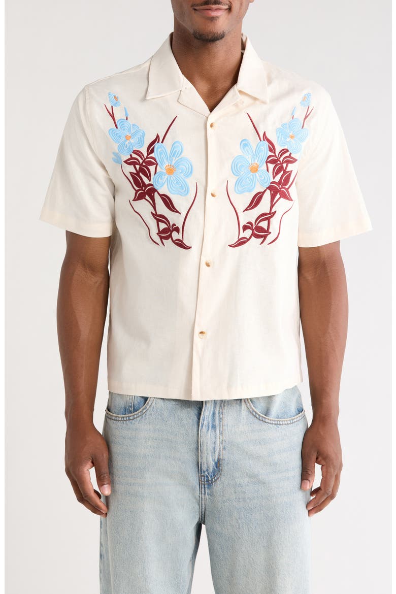 Jasmine Floral Embroidered Cotton & Linen Camp Shirt, Main, color, CREAM