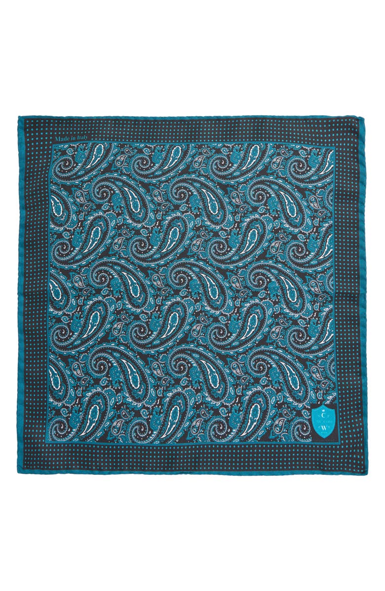 CLIFTON WILSON Aqua Paisley Silk Pocket Square, Alternate, color, Aqua