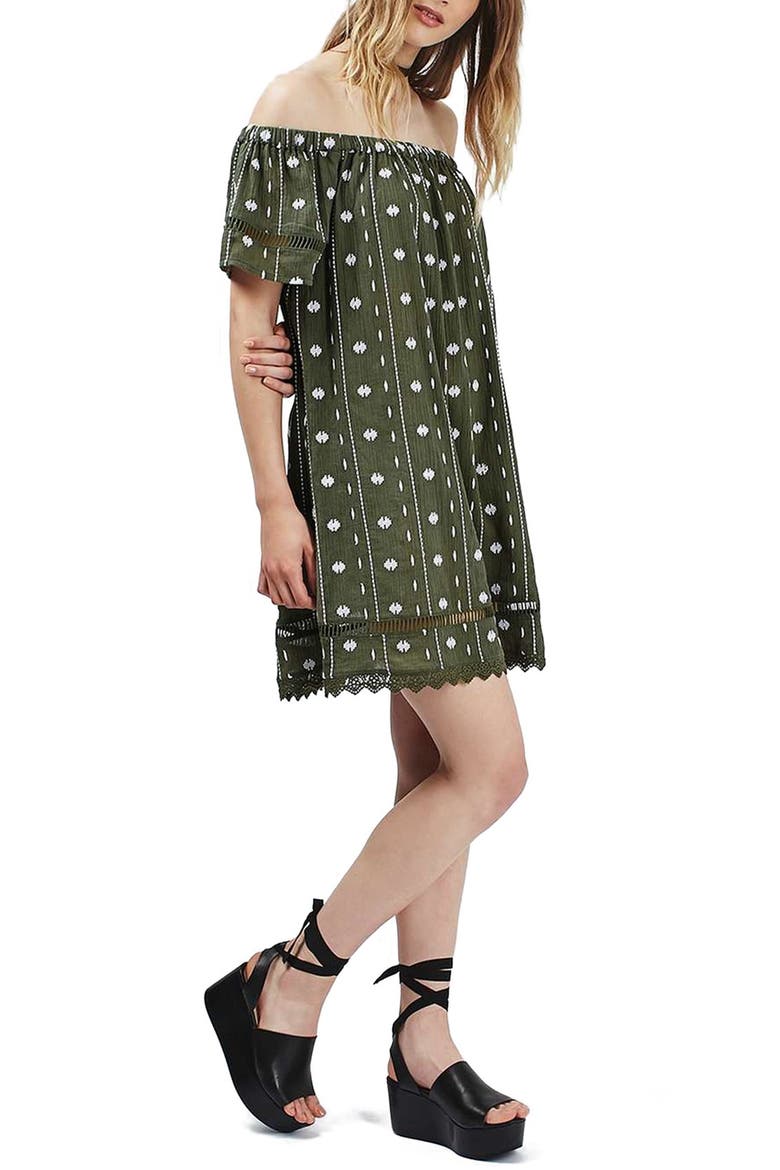 Embroidered Off the Shoulder Dress, Main, color, OLIVE