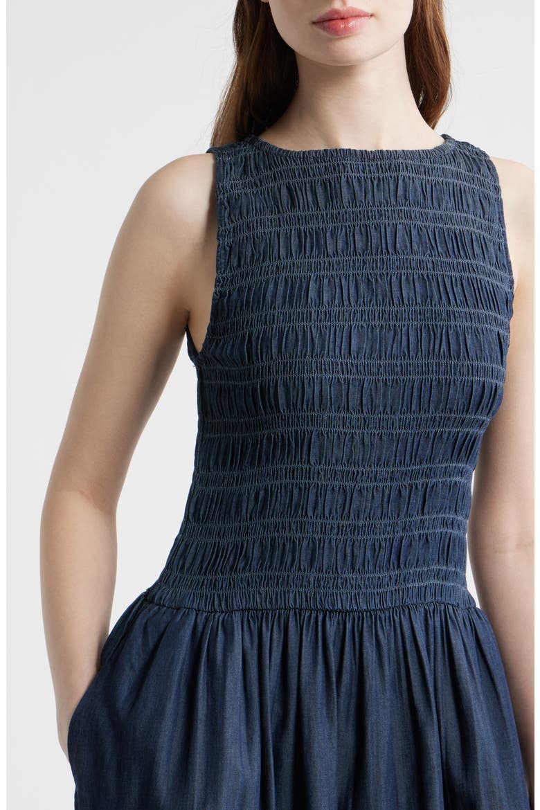 Denim Smocked Boat Neck Maxi Dress, Alternate, color, CARRIGAN WASH