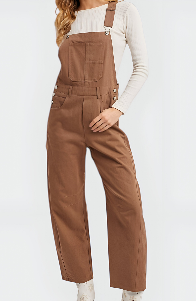 Modenaire Wide-Leg Adjustable-Strap Front Bib Pocket Overalls, Alternate, color, Brown