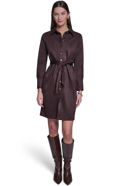 Long Sleeve Suede Shirt Dress