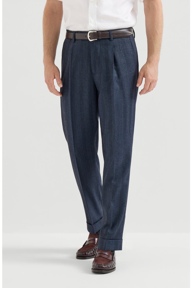 Cashmere and silk chevron flannel trousers with pleat, Main, color, Navy Blue
