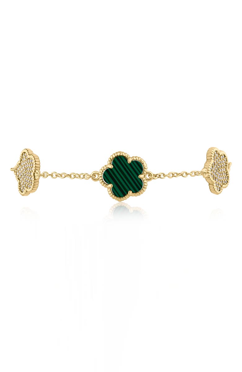 CZ by Kenneth Jay Lane Pavé Cubic Zirconia & Simulated Malachite Clover Charm Bracelet, Main, color, Green/ Gold