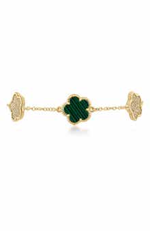 CZ by Kenneth Jay Lane Pavé Cubic Zirconia & Simulated Malachite Clover Charm Bracelet
