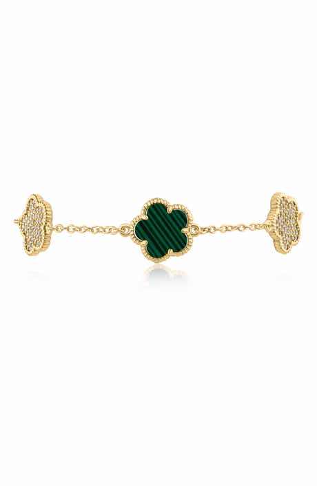 Pavé Cubic Zirconia & Simulated Malachite Clover Charm Bracelet