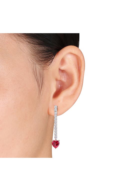Delmar Sterling Silver Lab Grown White Sapphire & Ruby Heart Drop Earrings In Red