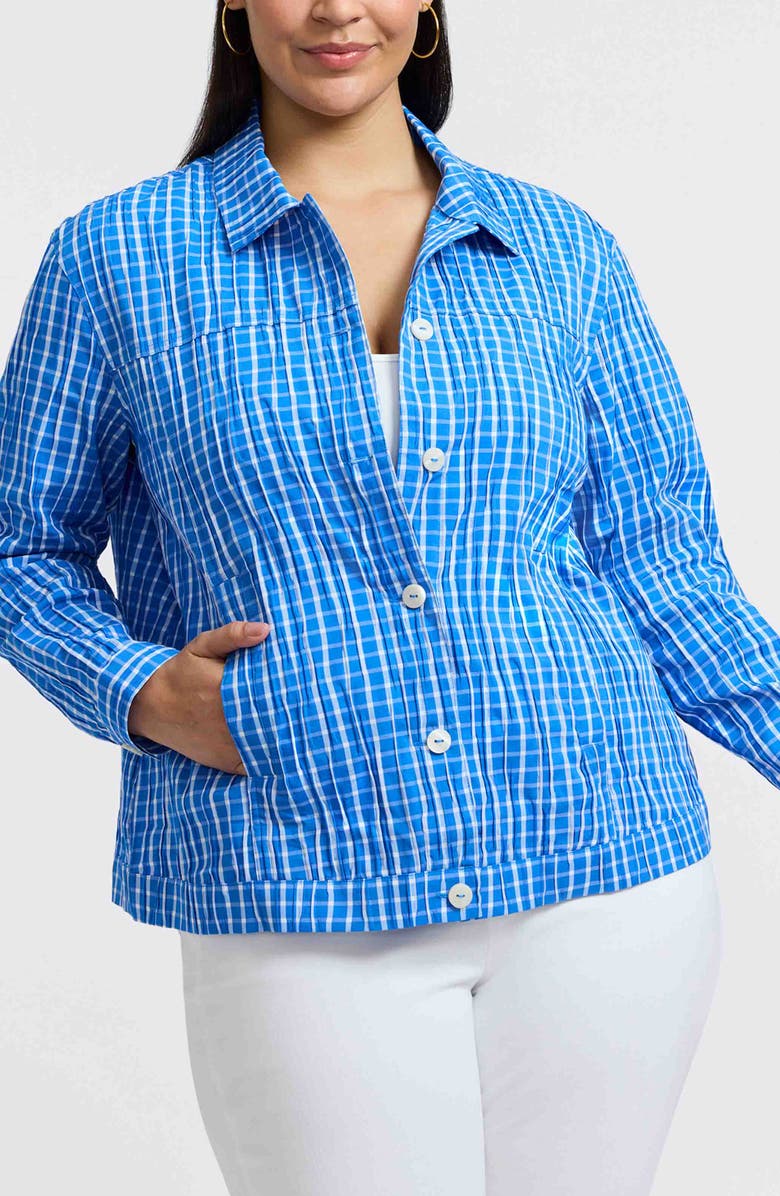 Foxcroft Thelma Crinkle Cotton Blend Gingham Jacket, Main, color, Mineral Blue/ White