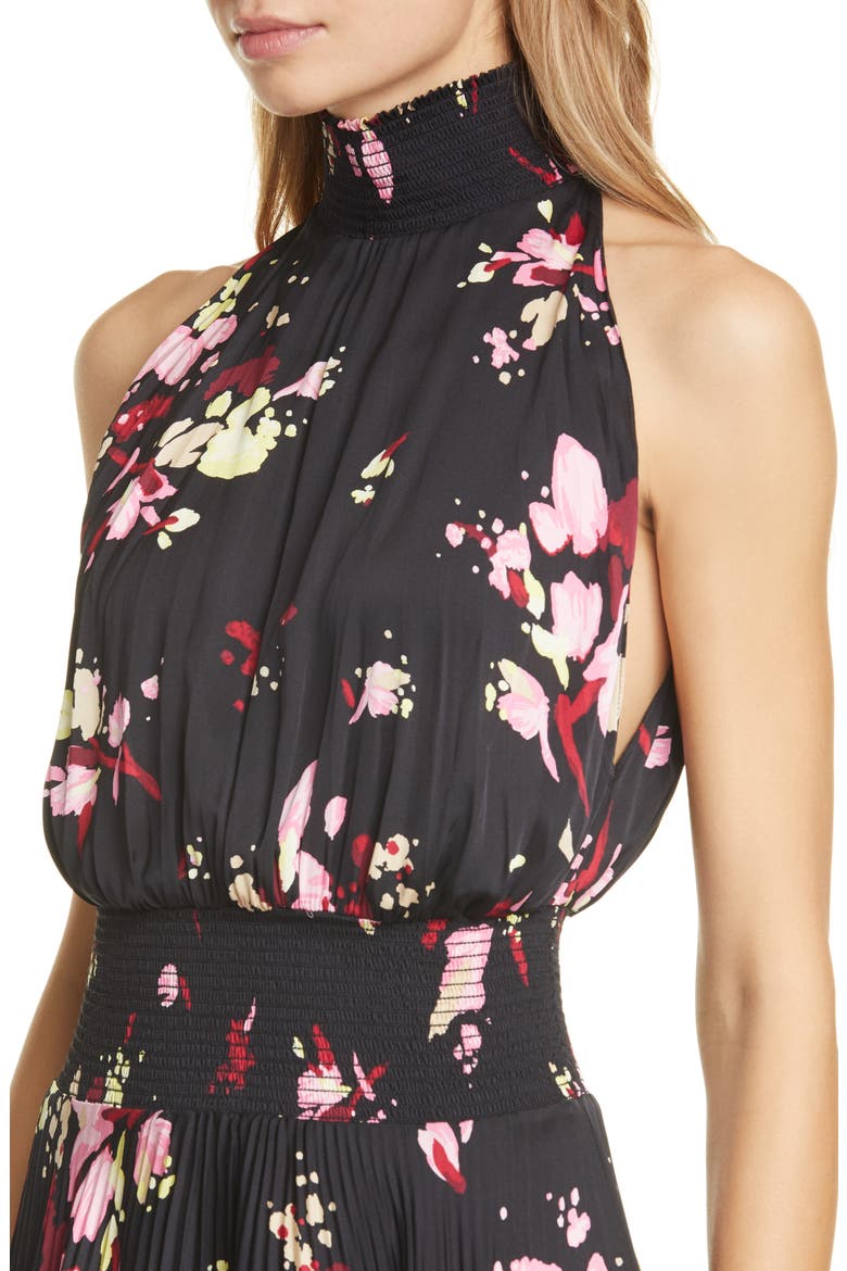 Renzo Floral Pleated Midi Dress, Alternate, color, BLACK/ PINK/ YUZU