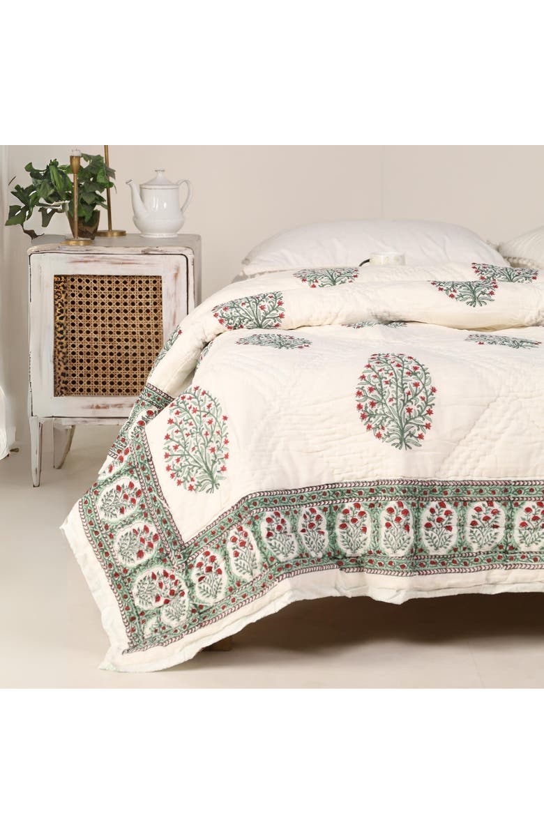 Mela Artisans Blockprinted Reversible Quilt, Alternate, color, Mughal Florals