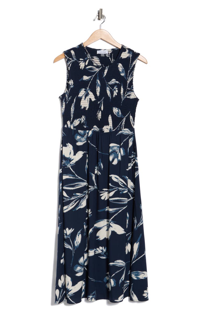 Calvin Klein Floral Smocked Midi Dress, Alternate, color, Indigo Multi