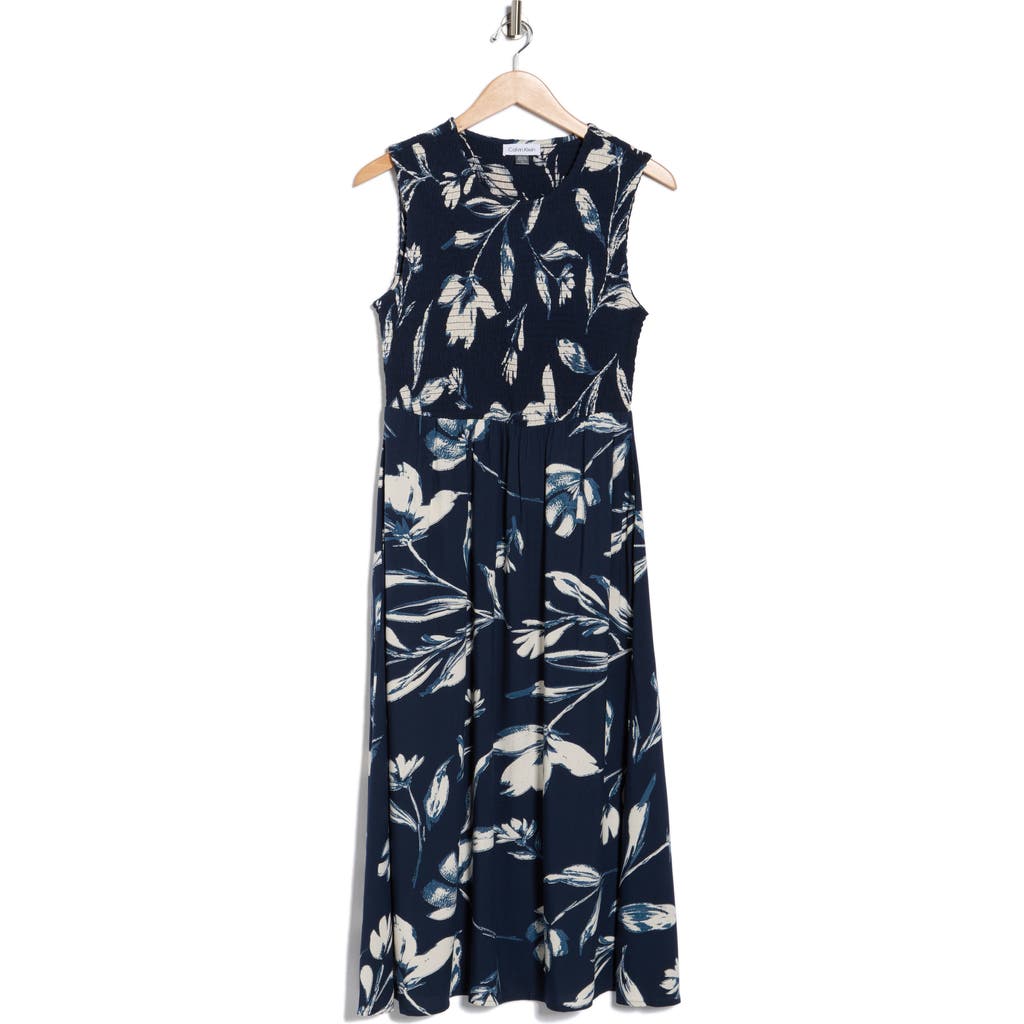 Calvin Klein Floral Smocked Midi Dress In Blue