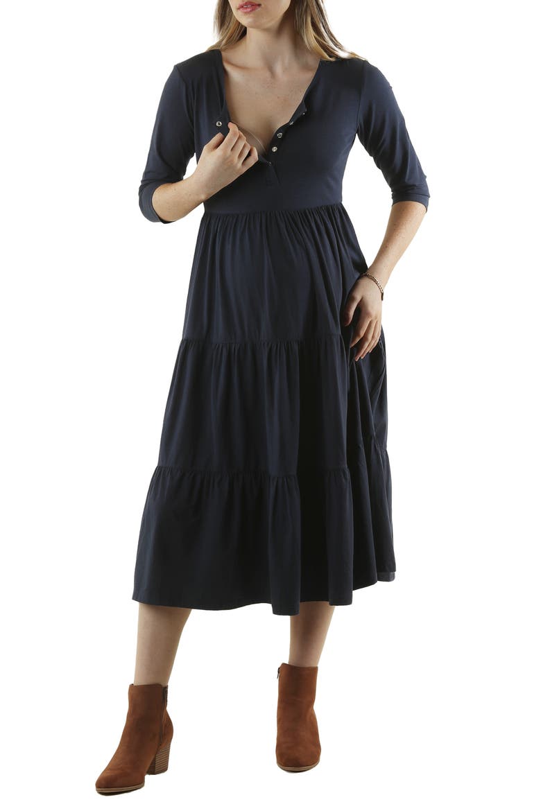 Tiered Maternity/Nursing Midi Dress, Main, color, NAVY