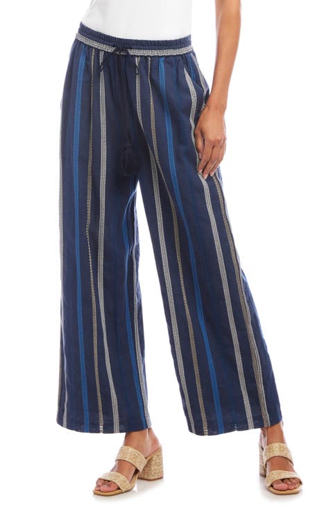 Stripe Embroidered Wide Leg Cotton Pants (Regular & Petite)