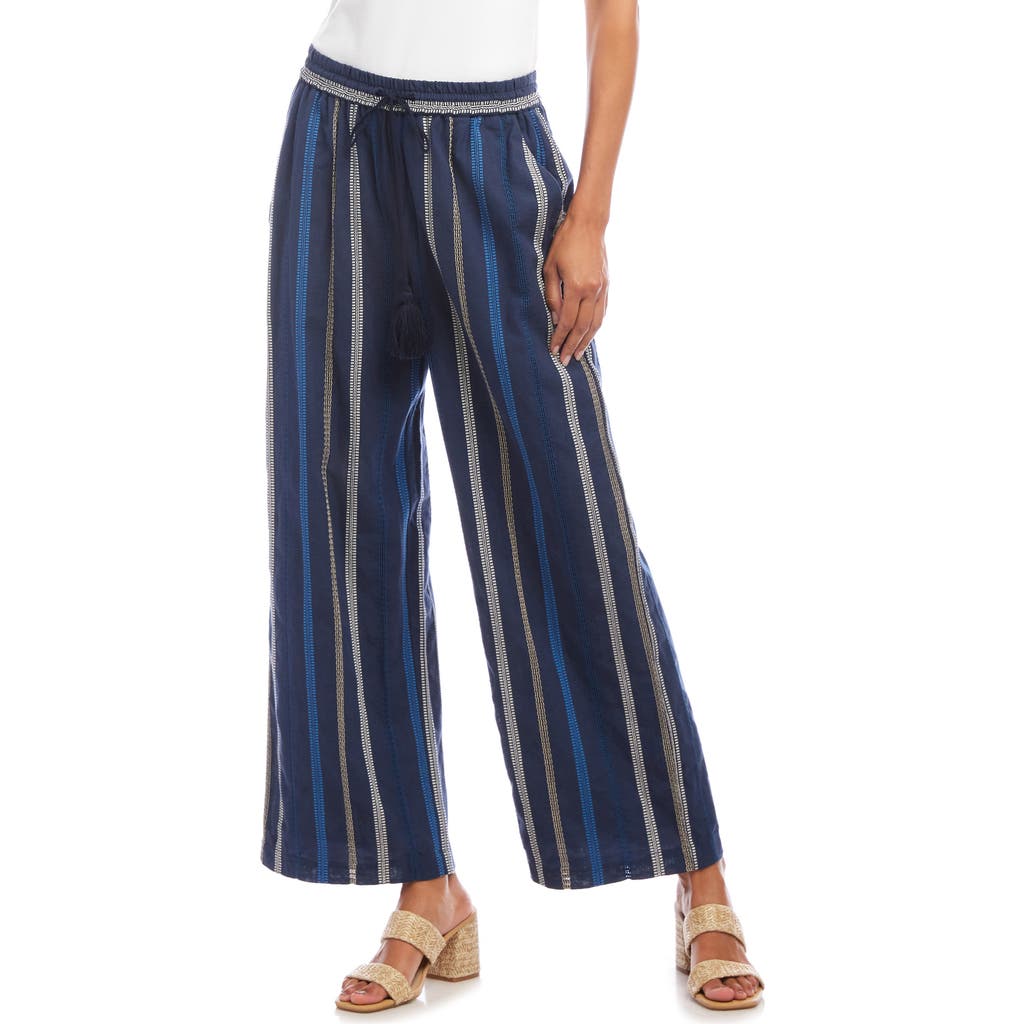 Karen Kane Stripe Embroidered Wide Leg Cotton Pants In Blue