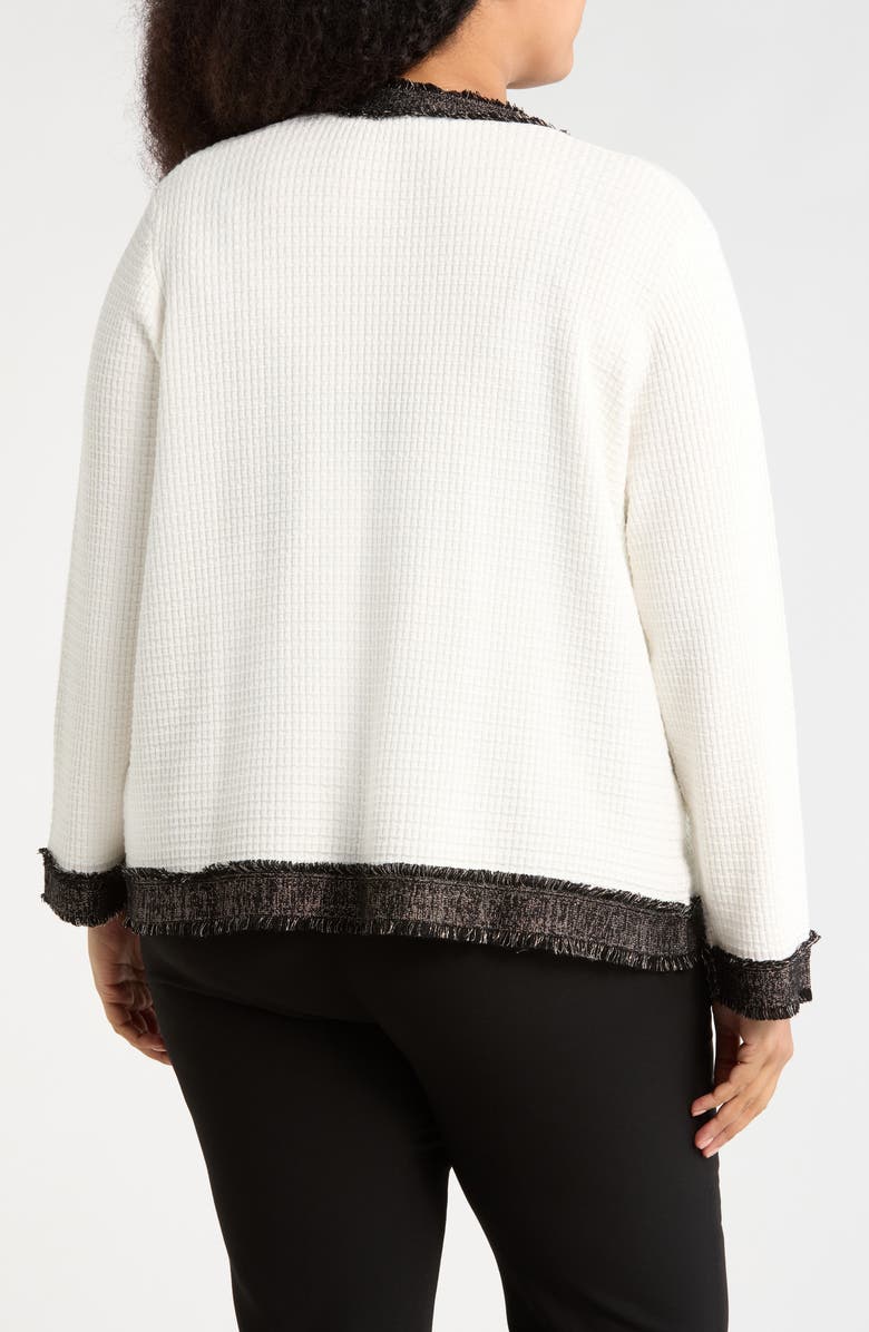 Adrianna Papell Fray Trim Waffle Knit Cardigan, Alternate, color, Ivory/ Black/ Gold
