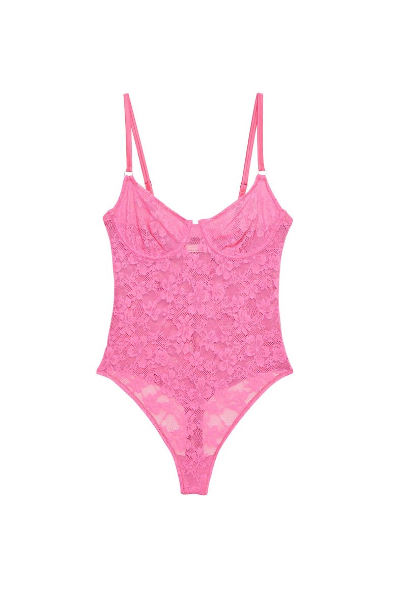 Le Stretch Lace Bodysuit, Main, color, Floral Pink
