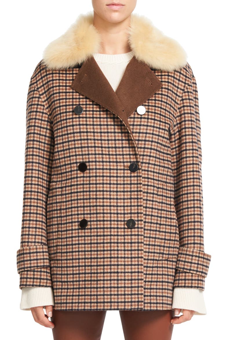 Check Wool Blend Coat with Genuine Shearling Collar, Alternate, color, CAMEL MULTI - EF2