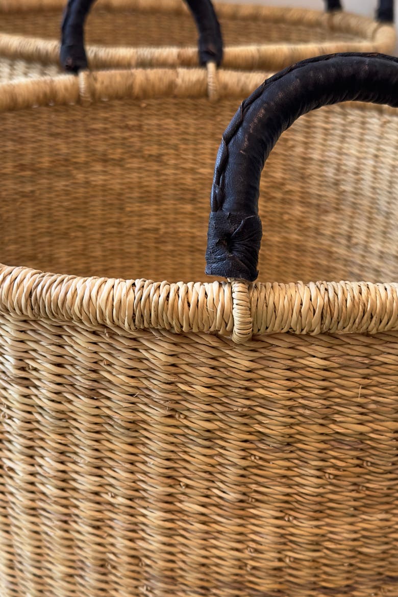 Handwoven Hamper with Leather Handles, Alternate, color, Natural