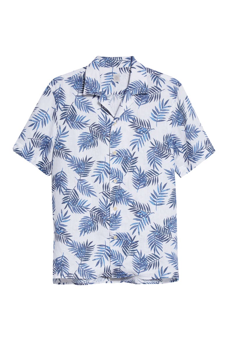 Palm Leaf Short Sleeve Linen Button-Up Shirt, Alternate, color, BLUE