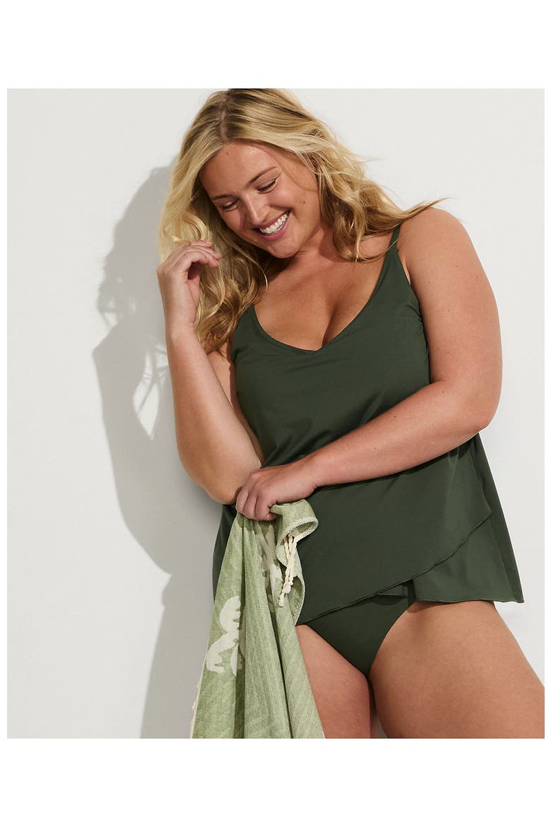 D-Cup Chlorine Resistant V-Neck Tulip Hem Tankini Swimsuit Top with Adjustable Straps, Alternate, color, Rich Olive Green