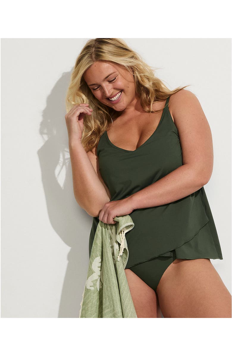 Lands' End Plus Size DD-Cup Chlorine Resistant V-Neck Tulip Hem Tankini Swimsuit Top, Alternate, color, Rich Olive Green
