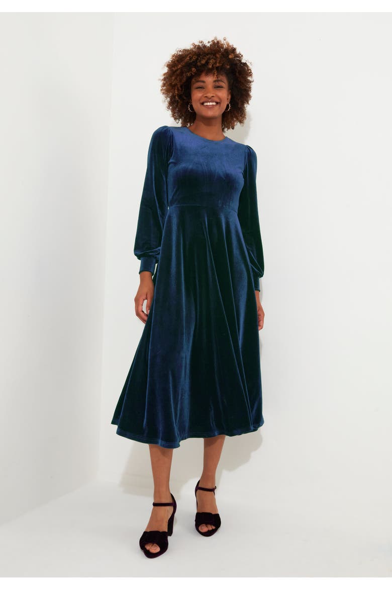 Crew Neck Velvet Midi Dress, Main, color, OCEAN TEAL