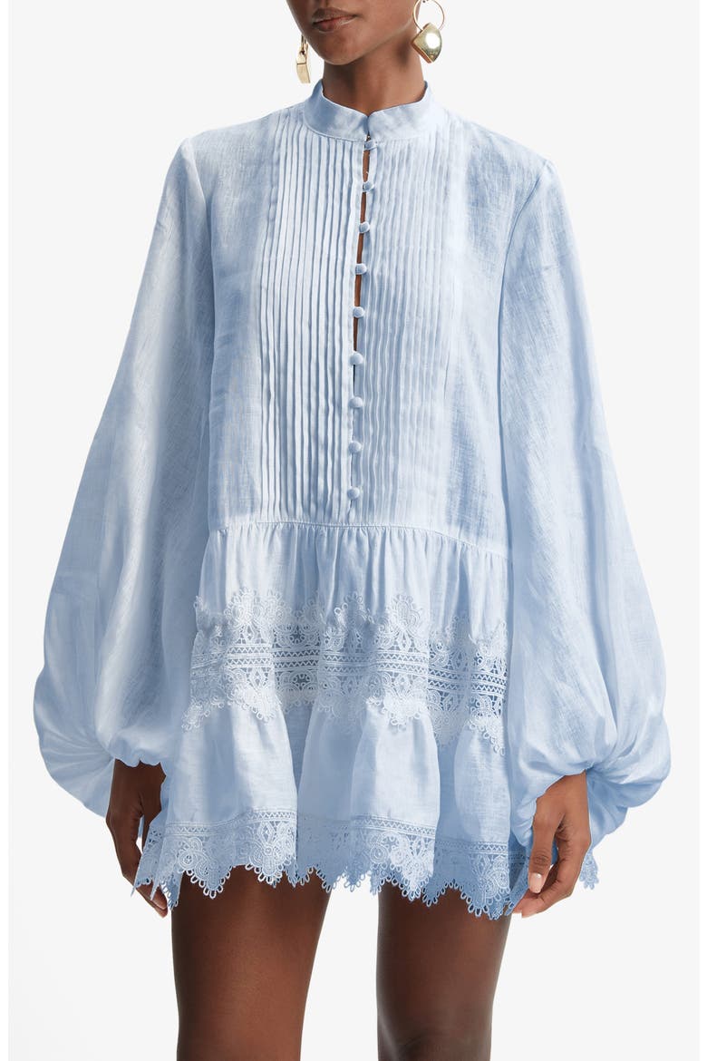 Antonia Lace Trim Long Sleeve Cotton & Linen Minidress, Alternate, color, SOFT BLUE