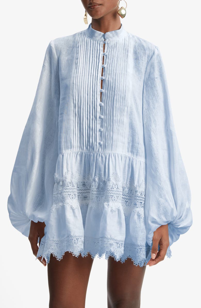 Bardot Antonia Lace Trim Long Sleeve Cotton & Linen Minidress, Alternate, color,