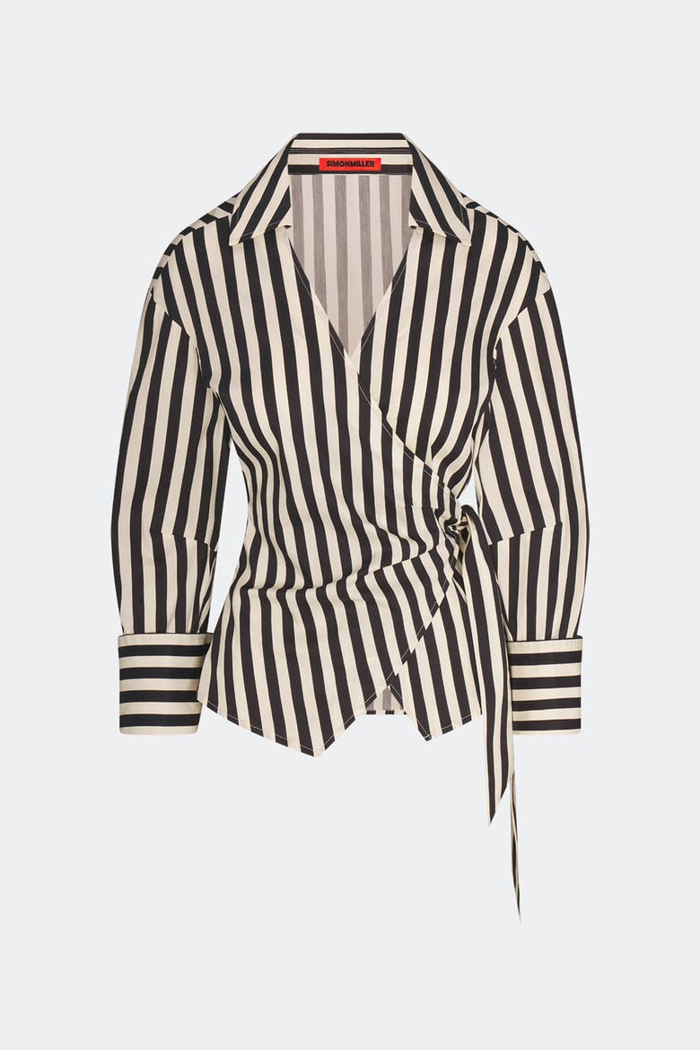 Anya Poplin Wrap Top, Main, color, Black/White Stripe