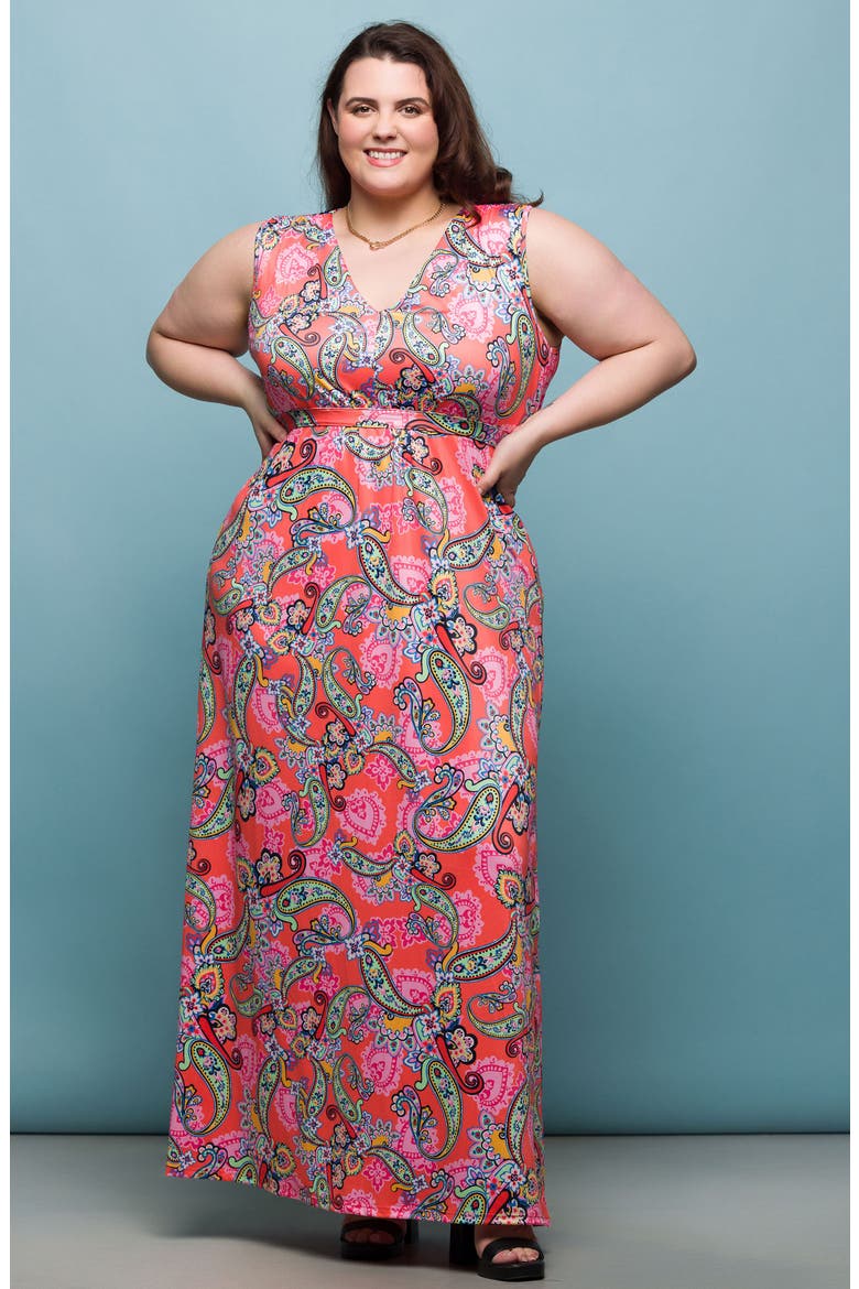 V-Neck Sleeveless Maxi Dress, Alternate, color, CORAL MULTI