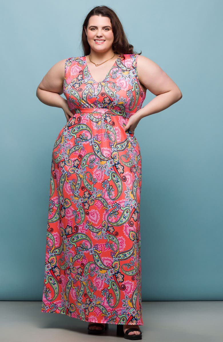 24seven Comfort Apparel V-Neck Sleeveless Maxi Dress, Alternate, color, Coral Multi