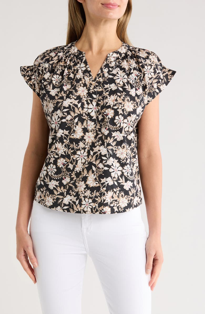Melrose and Market Flutter Sleeve Cotton Top, Main, color, Black- Ivory Fontana Floral
