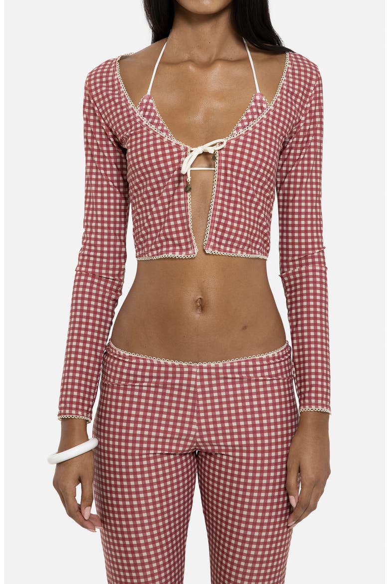 Gingham Tie Front Picot Trim Crop Cardigan, Main, color, RED